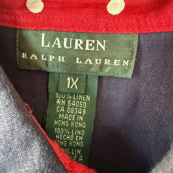 Lauren Ralph Lauren LINEN Navy Blue polkadot collar cuffs shirt size 1X - Picture 6 of 9